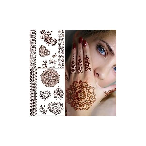 Brown Henna Tattoos - 6 Sheets Temporary Tattoo Stickers, Waterproof, Sexy Fake for Women & Girls, DIY on Body, Face, Arms Legs