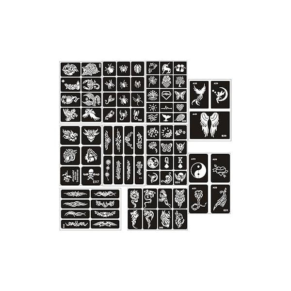 10 Sheets Tattoo Stencil Kit Temporary Templates Body Art Designs Self-Adhesive Reusable Stickers - Various Patterns for Adults Man Women Kids Teenager N1