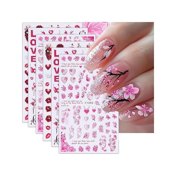Valentines Nail Art Stickers Red Hearts Decals Love Lips Design Rose Flower for Decoration Valentine's Day 3D DIY Sticker Women Manicure Accessories 6Pcs