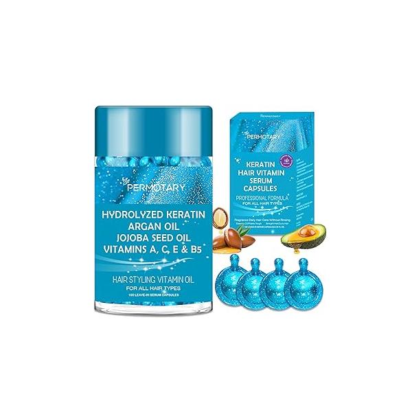 100 Capsules Styling Serum With Keratin, Treatment Oil for Frizzy Hair, Vitamins A, C, E & B5, Argan Avocado All Types, Leave-in Conditioner Women Men