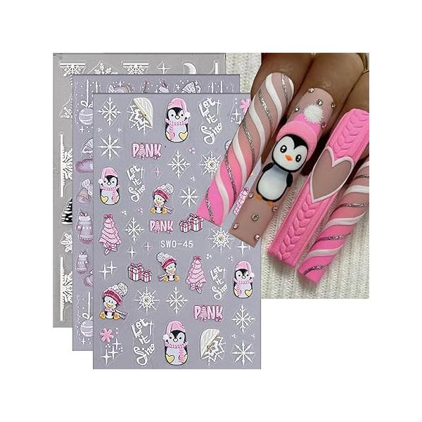 Christmas Nail Stickers Decals 5D Art Snow Penguin Design Tree Cute Glove Decoration DIY Sticker for Women 3Pcs