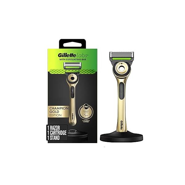 GilletteLabs with Exfoliating Bar Razor for Men, Champion Gold Edition - 1 Handle, Blade Refill, Includes Premium Magnetic Stand
