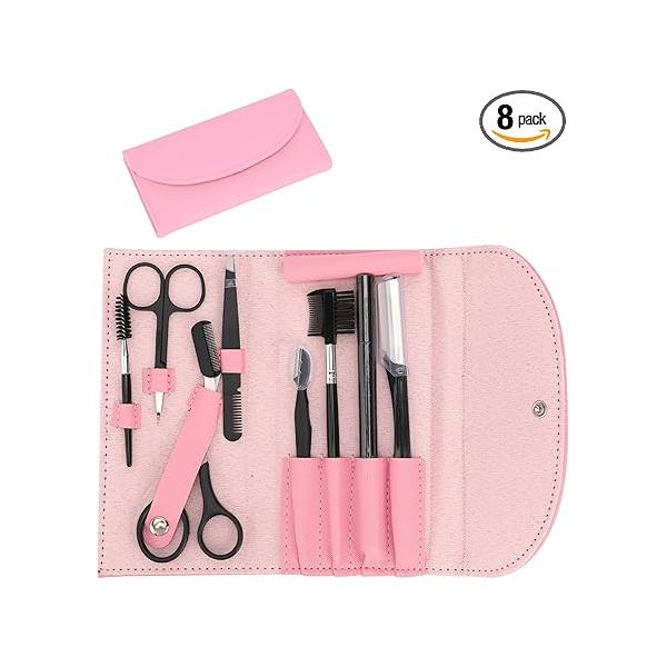 Professional Eyebrow Shaping Kit - 8-Piece Set With Leather Bag, Razor, Scissors, Brush for Women & Men
