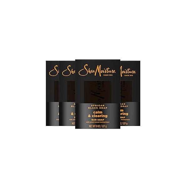 SheaMoisture Bar soap African Black Soap 4 count Soothe and Clarify Skin Soothing Clarifying bar with 24h shea moisture nutrients for Healthy, Glowing 8 oz