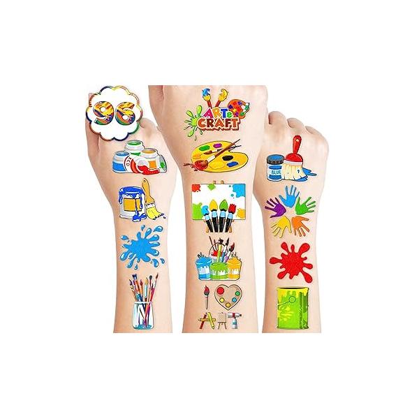 96 PCS Art Artist Paint Brushes Pre-Cut Temporary Tattoos Birthday Party Decorations Supplies Favors Sip Multicolor Painting Colorful Decor Stickers For Girls Boys Gift School Prizes Rewards