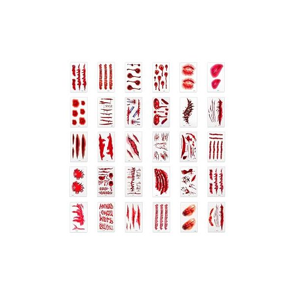 30 Sheets Halloween Scar Temporary Tattoos, Tattoo with Horror Fake Bloody Wound Realistic Waterproof Stickers for Party Cosplay