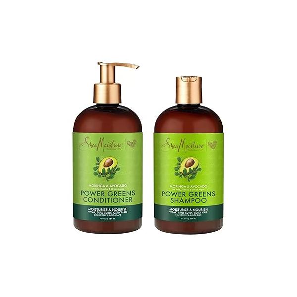 SheaMoisture Power Greens Curly Hair Shampoo and Conditioner Dry Moringa Avocado to moisturize, 13 Fl Oz (Pack of 2)
