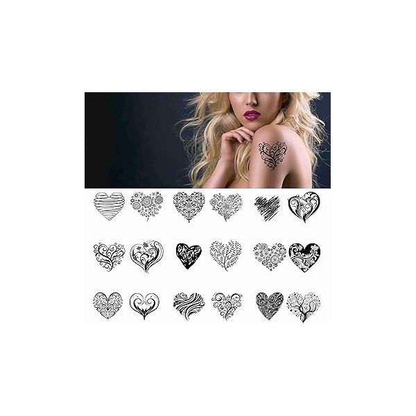 Heart Tattoo 18 sheets Temporary Tattoos for Adults Men and Women Black White All Kinds of Love Tree Folwer Leaves Fake Kits Sets For Neck Arm Hands Leg Body Art Satickers
