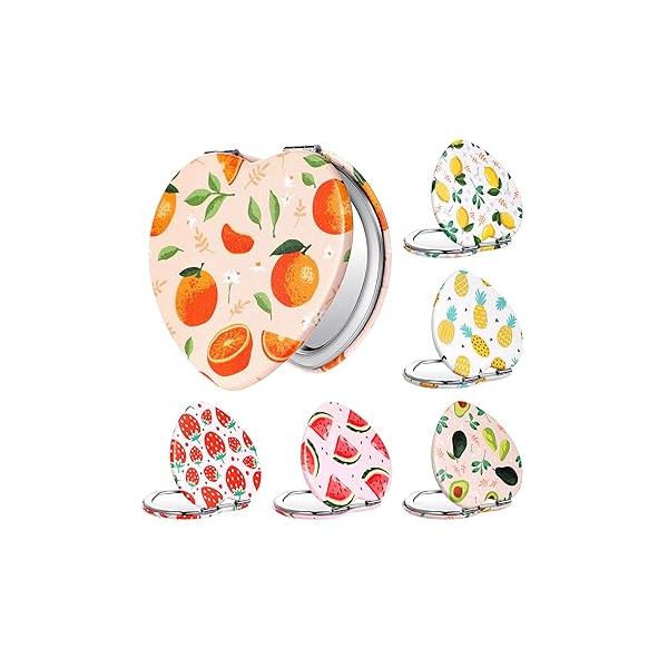 Vicenpal 6 Pcs Compact Mirrors Small Pocket Fruit Design Mini Magnifying Portable Makeup PU Leather Double Sided Mirror for Women Girls Mother Kids Gift(Love Style)
