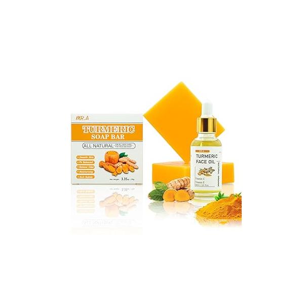 MR.A 2Pcs Turmeric Soap Bar and Oil Set for Face & Body, Nautral Ingredients with Vitamin C to Cleanses, Soothing, Hydrating Skin, Skin Care All Type