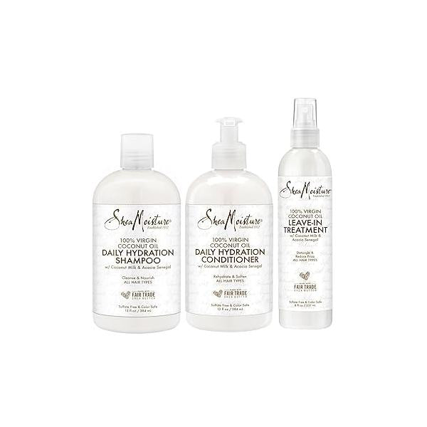 SheaMoisture Shampoo and Conditioner Set, 13 Fl Oz Ea with Leave In Treatment Spray 8 Oz, Daily Hydration 100% Virgin Coconut Oil, Curly Hair Products Bundle, Shea Butter, Milk
