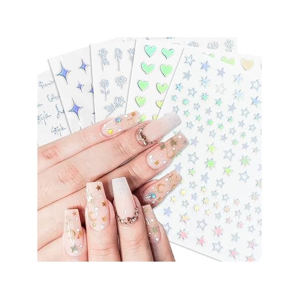 Stars Nail Art Stickers - 6 Sheets Luxurious Supplies 3D Self-Adhesive Decals Letter Heart Flower Moon Glitter Gold Silver Designs for Women Girls DIY Decorations