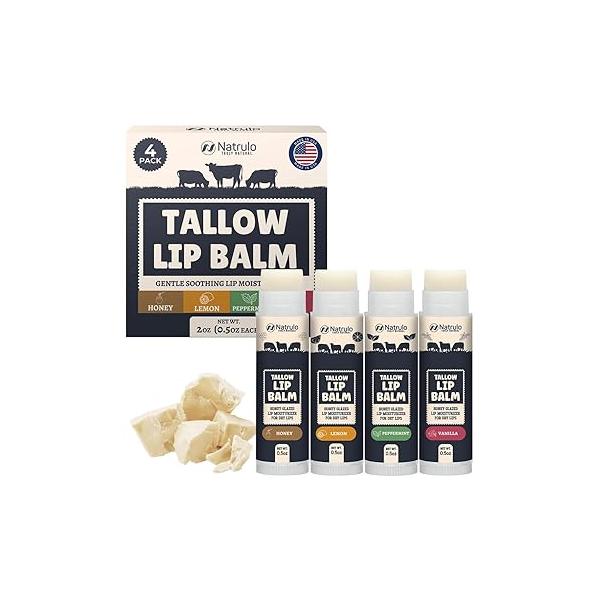Beef Tallow Lip Balm - Natural Beeswax Chapstick Hydrating Grass Fed Honey Care Soothes Chapped Dry Sensitive Lips Long Lasting Vitamin Rich USA-Made Variety Pack