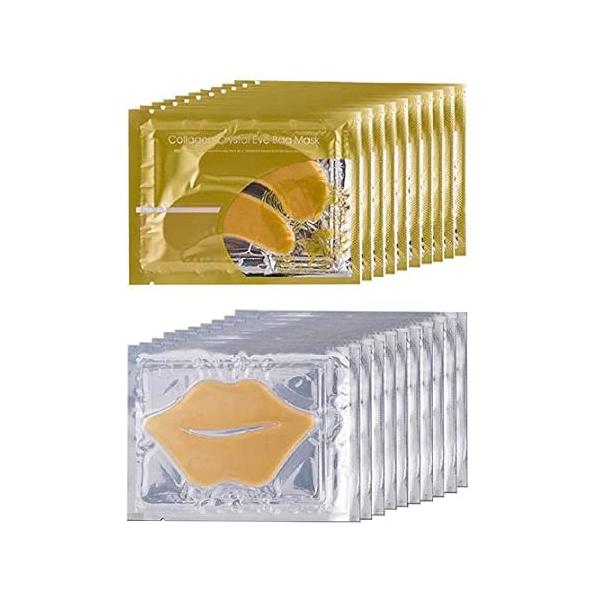 10 Pairs Collagen Crystal Eye Mask and Pcs Lip Mask, Anti Aging Set (Gold)