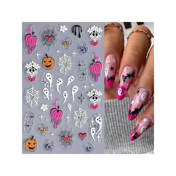 5D Spider Nail Stickers for Halloween - Glitter Silver Cobweb Decals With Diamond Designs Bling DIY Art Decoration Women (2Pcs)