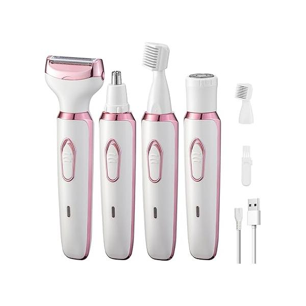 Electric Razors Shaver for Women Painless 4 in1 Cordless Rechargeable Facial Eyebrow & Nose Hair Trimmer Lips Body Bikini Womens Grooming Kit 3028 White