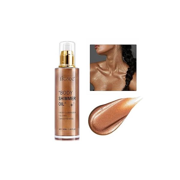 Body Shimmer Oil 100ml, Long Lasting Moisturizing Face & Luminizer, Waterproof Liquid Illuminator, Glitter Highlighter (#04 Golden Brown)