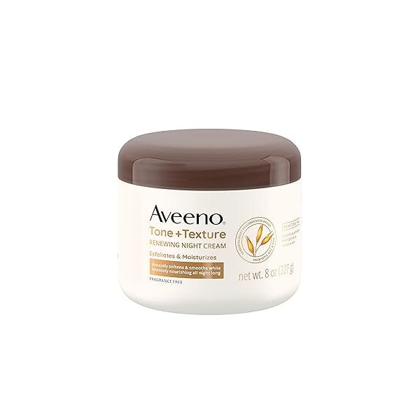Aveeno Tone + Texture Renewing Night Cream With Prebiotic Oat, Gentle Exfoliates & Moisturizes Sensitive Skin, Instantly Softens Smooths Intensely Nourishes, Fragrance-Free, 8 Oz