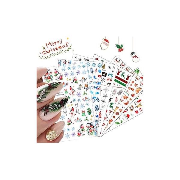 10 Sheets Christmas Nail Art Stickers, 3D Self-Adhesive Winter Deals Cute Santa Claus Snowflake Snowman Bird Bell Tree Stick Elk Design for Women Girls Holiday Decoration
