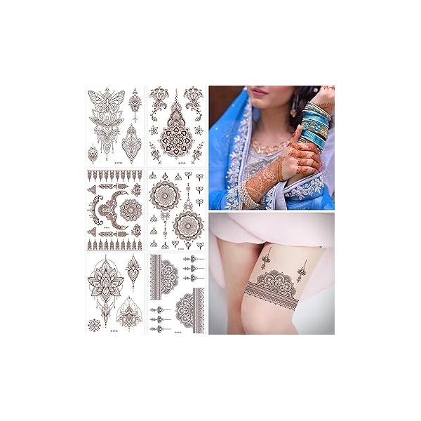 Brown Henna Temporary Tattoo Sexy Lace Waterproof Removable Tattoos Mystery Flower Fake Sticker for Women Wedding Party Festival Decorations 6 Sheets(Brown)