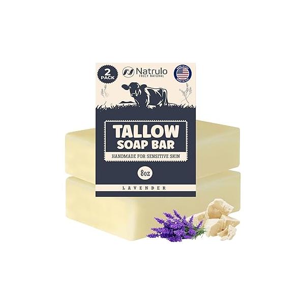 Beef Tallow Soap Bar - All Natural Grass Fed Lavender Moisturizing Face & Body Wash Great for Eczema, Dry, Itchy, Sensitive Skin Handcrafted Bath Adults, Kids, Made in USA