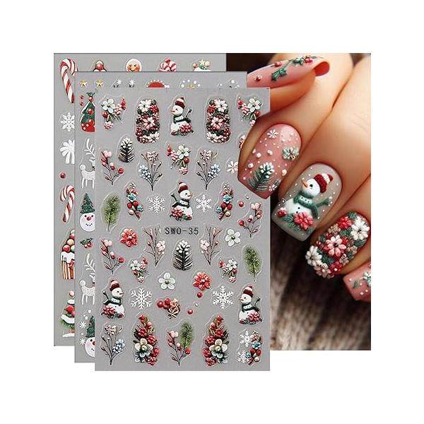 Christmas 5D Embossed Nail Art Stickers - Flower Snowflake Floral Snow Design Decals Cute DIY Decoration for Women 3Pcs