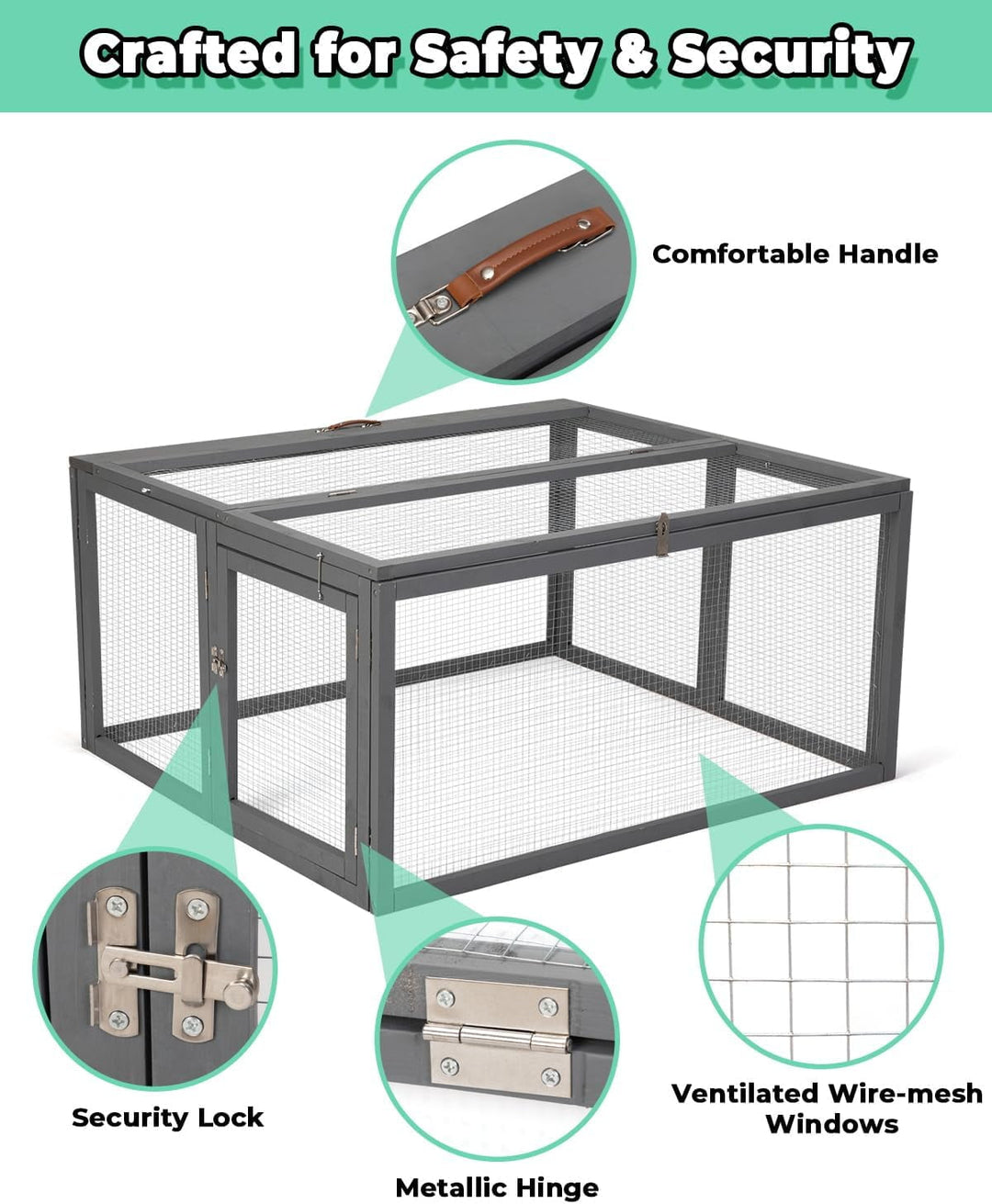 PRZL Chicken Coop Run Rabbit Hutch, Portable Chicken Cage Pens with Top & Side Opening Doors, Folding Wooden Chicken Coop, Outdoor Indoor Small Animal Playpen, Chicken Brooder Box, 45.3Inch (Grey)