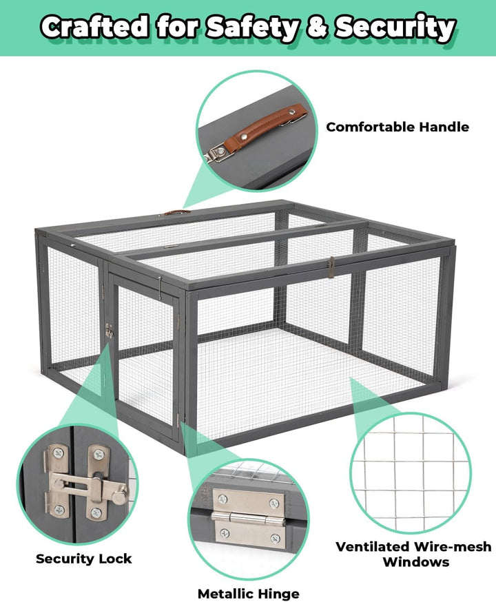 PRZL Chicken Coop Run Rabbit Hutch, Portable Chicken Cage Pens with Top & Side Opening Doors, Folding Wooden Chicken Coop, Outdoor Indoor Small Animal Playpen, Chicken Brooder Box, 45.3Inch (Grey)