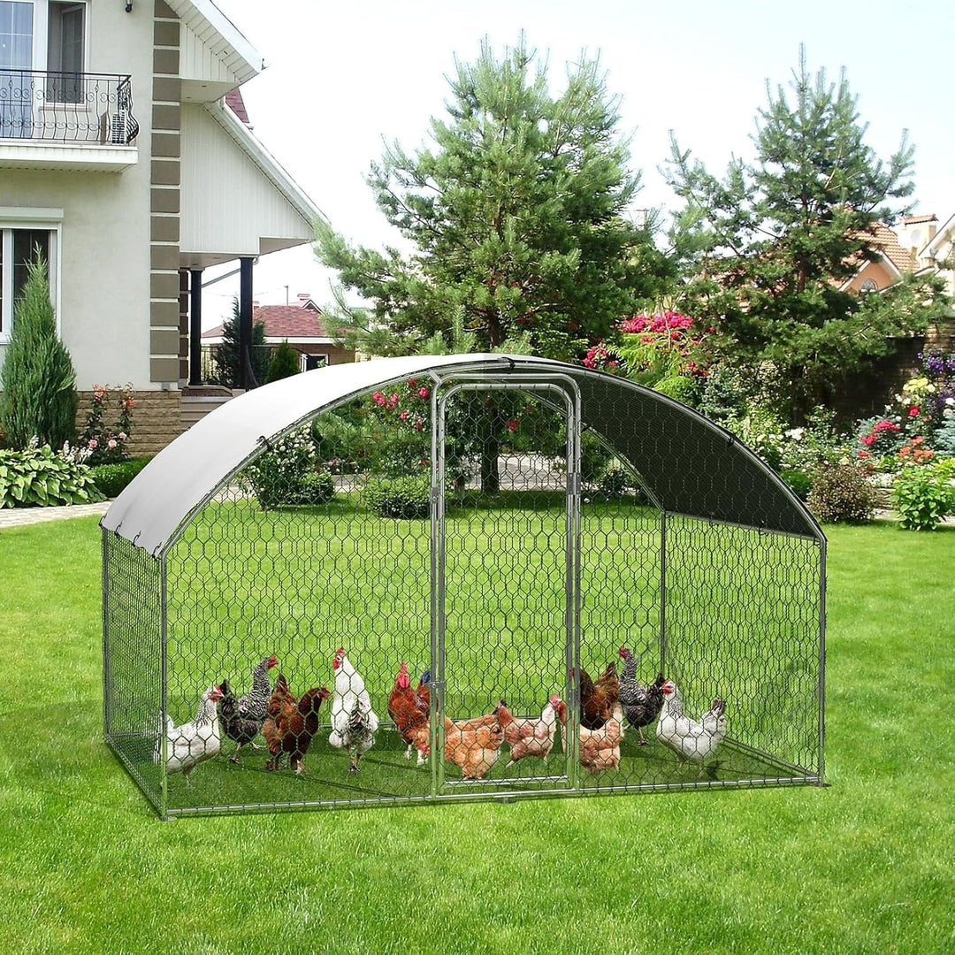 Pinypikaka Metal Chicken Coop, 9.8' x 6.5' x 6.5' Large Chicken Coop with Waterproof and Anti-UV Cover, Walk-in Poultry Cage with Run, Doom Roof Duck Rabbit House for Outdoor Backyard Farm