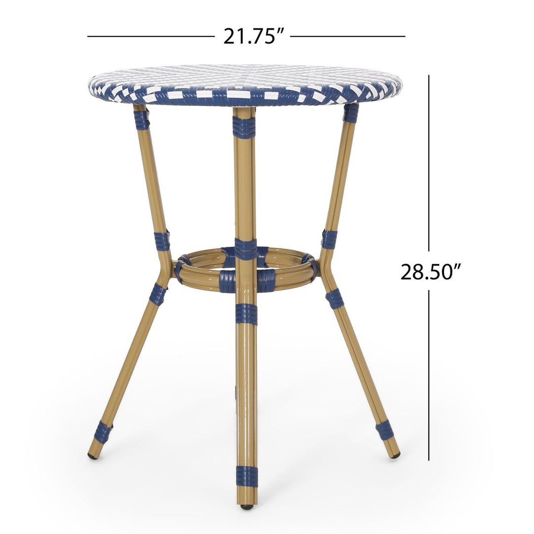 IVV 21.75” Round Bistro Dining Table with Aluminum Frame and Rattan Top in Blue/White, French Country Style for Indoor/Outdoor Use
