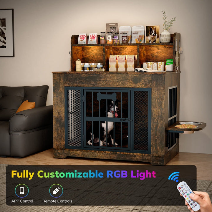 Behost 34" Industrial Dog Crate Furniture with Feeding Bowls LED Light Bone Nameplate Double Layer Storage for Large Dogs Rustic Brown