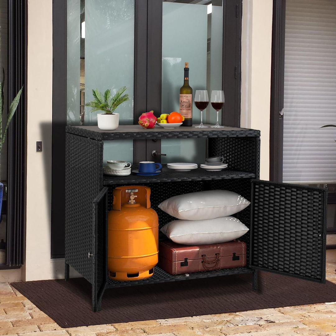 Outdoor Storage Cabinet with Doors, Weatherproof Wicker Patio Storage Box, Rattan Bar Table for Poolside, Backyard & Garden