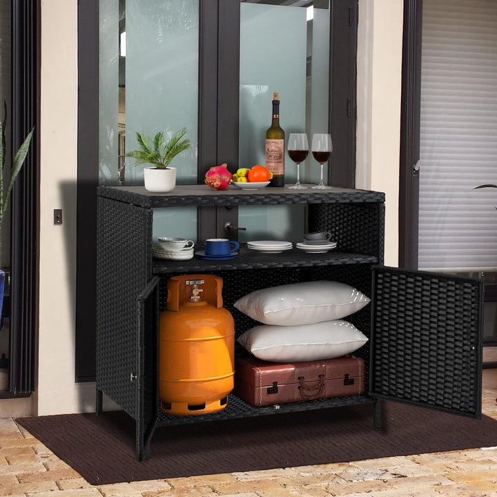 Outdoor Storage Cabinet with Doors, Weatherproof Wicker Patio Storage Box, Rattan Bar Table for Poolside, Backyard & Garden