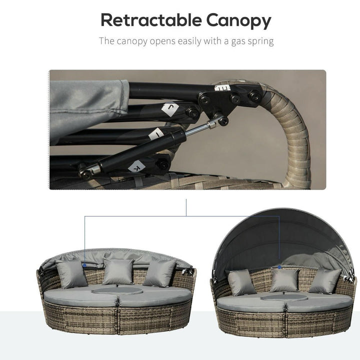 Barara King Patio Sofa Bed Set,Daybed Set,4-Piece Round Convertible Daybed, Outdoor PE Rattan Patio Wicker Sofa Set with 2 Chairs, Table, 3 Pillows, Gray