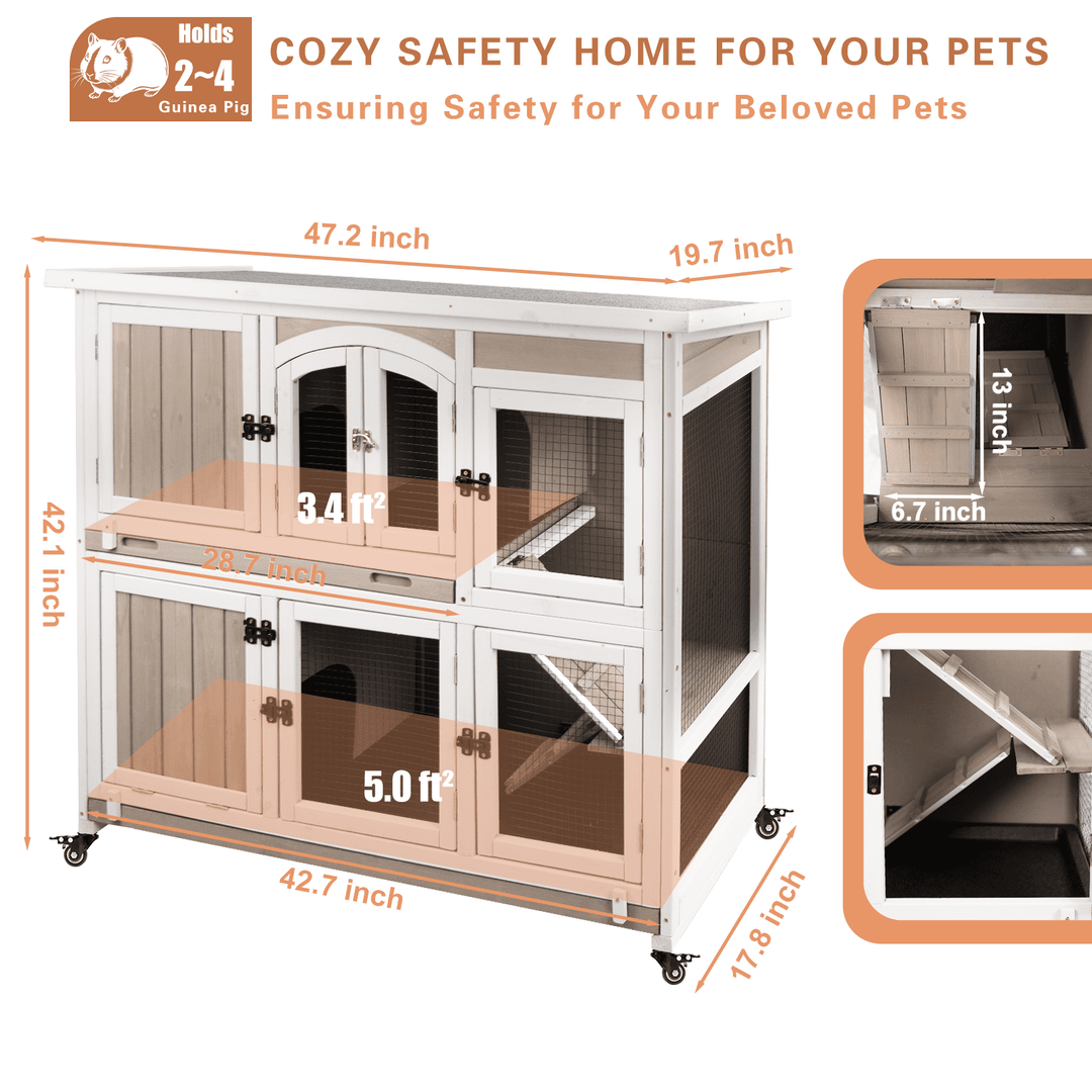 Gowoodhut Guinea Pig Cage Indoor Wooden 2-Story Rabbit Hutch on Wheels for Small Animals, Gray