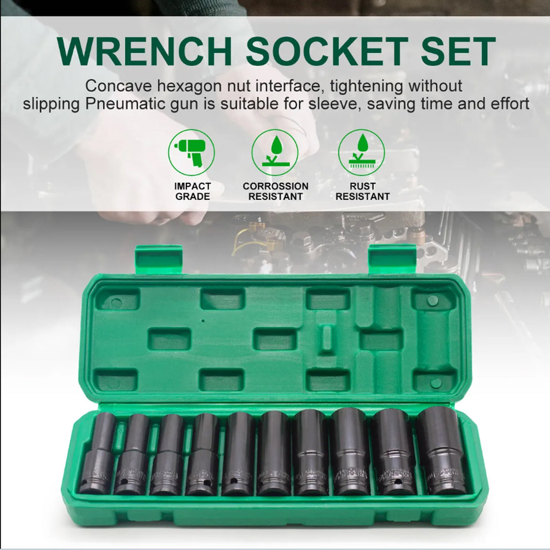 10pc Metric Deep Impact Socket 1/2" Drive 10mm-24mm 6 Point Sockets w/ Case Set