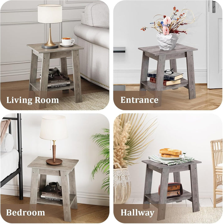 Riedhoff Wooden End Table, Farmhouse 2-Layer Storage Shelves, 15.51 x 11.81 x 18.98", 2 Piece, Gray
