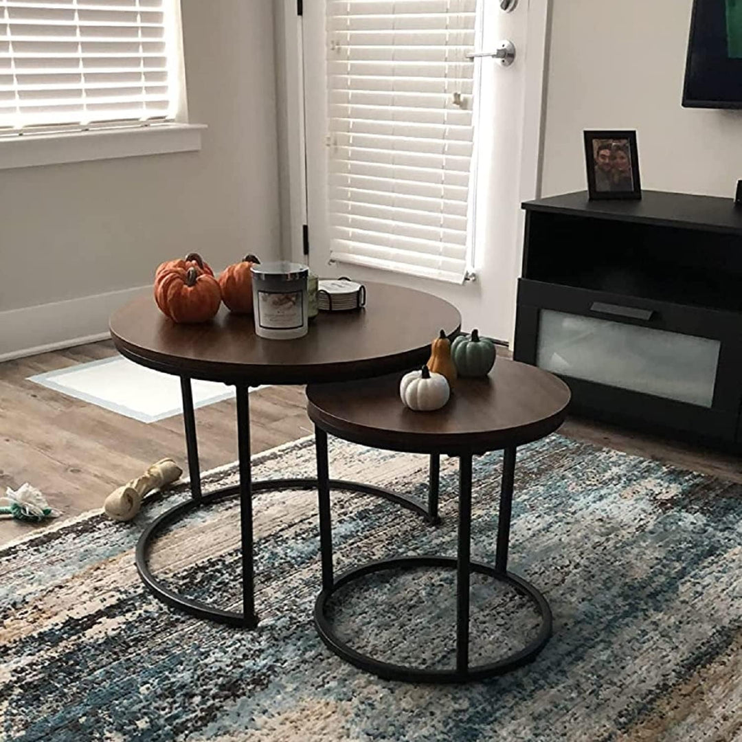 Modern Industrial Round Nesting Coffee Table Set of 2 – Sturdy Metal Frame Side & End Tables for Living Room, Bedroom, Apartment – Simple Nightstand or Centerpiece