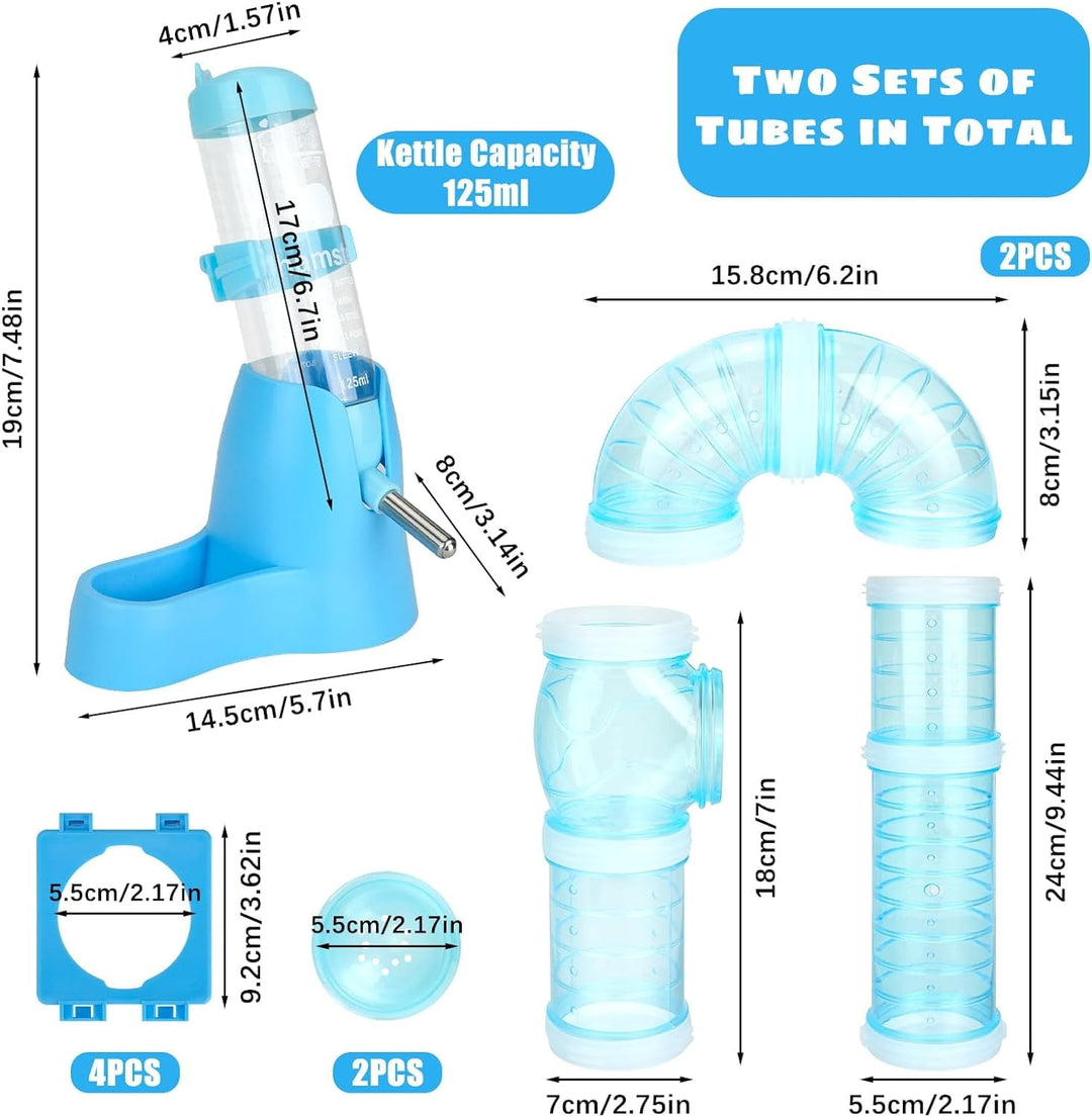 2 Set Hamster Tubes, DIY Hamster Tunnel Adventure External Pipe with 1 Hamster Water Bottle, 2 Hamster Cage Tube Stopper, 4 Pipe Connection Plates, Hamster Cage Accessories for Small Pet Sport