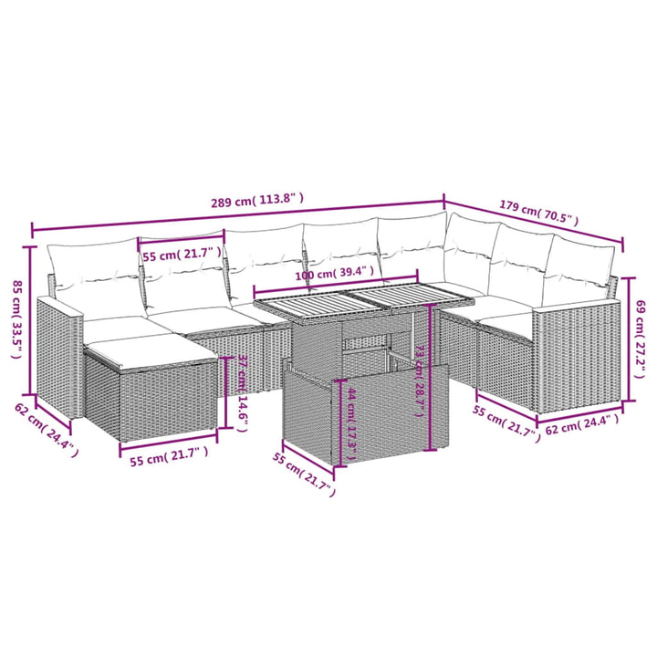 vidaXL Garden Sofa Set Grey PE Rattan Large Adjustable Armrests