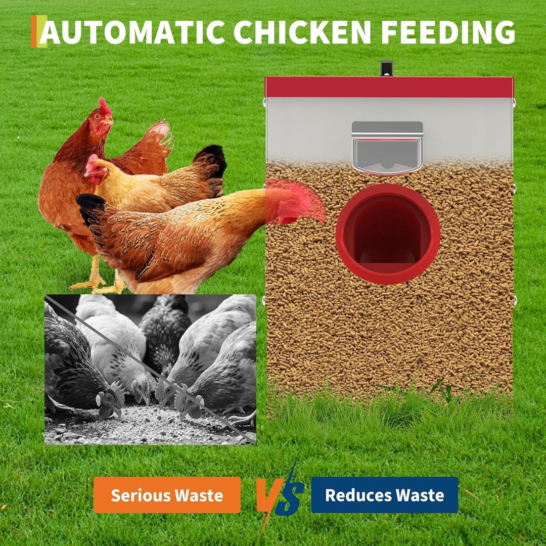 6 Ports Automatic Chicken Feeder No Waste, 50 Pounds Duck Poultry Feeder Box Metal Feeders for Chickens with Locking Rainproof Lid Chicken Coop Feed for Chickens, Ducks