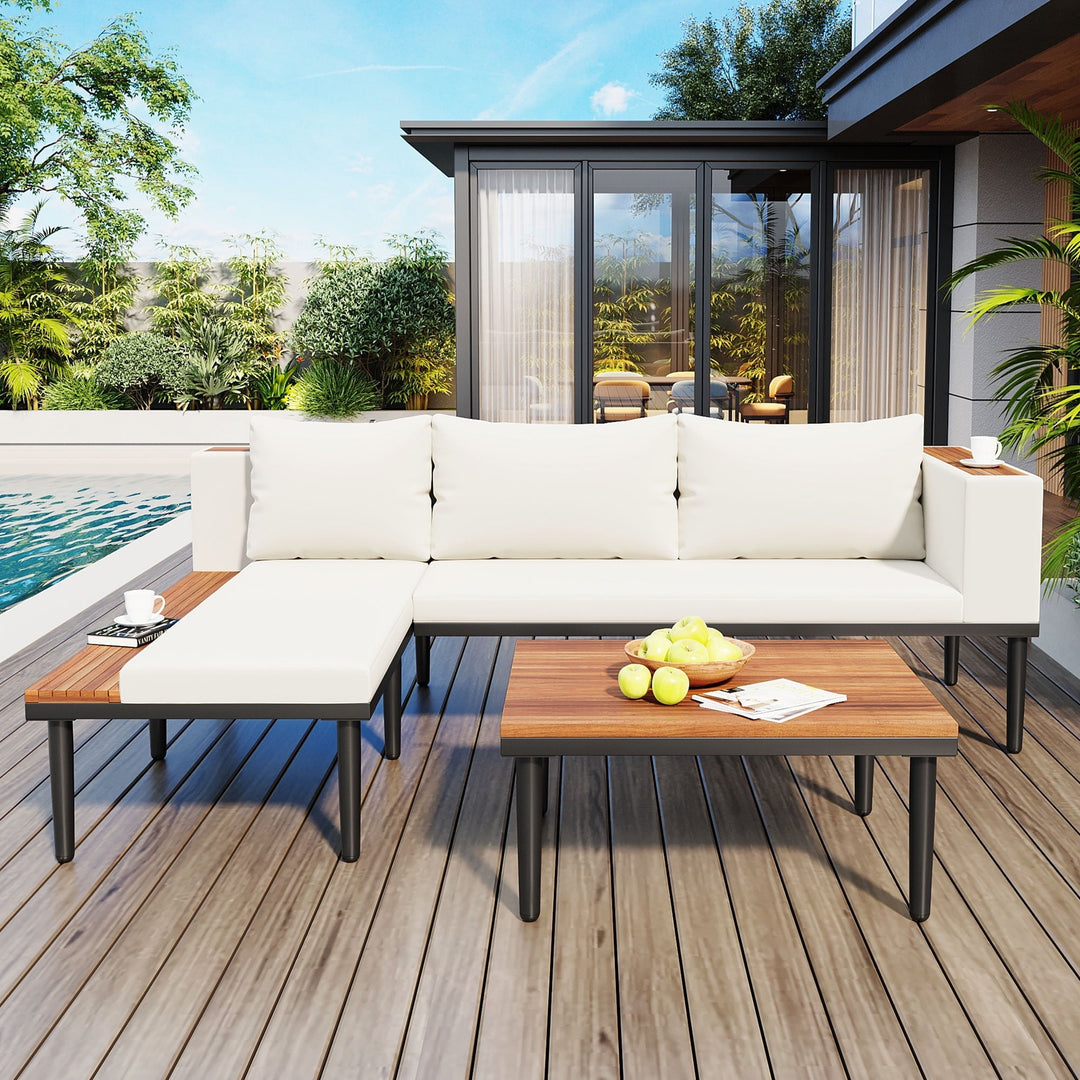 Luxury Patio Furniture Set with Removable Cushions and Coffee Table, L-Shaped Acacia Wood Sofa with Side table, Outdoor Conversation Sectional Sofa for Backyard, Porch, Beige
