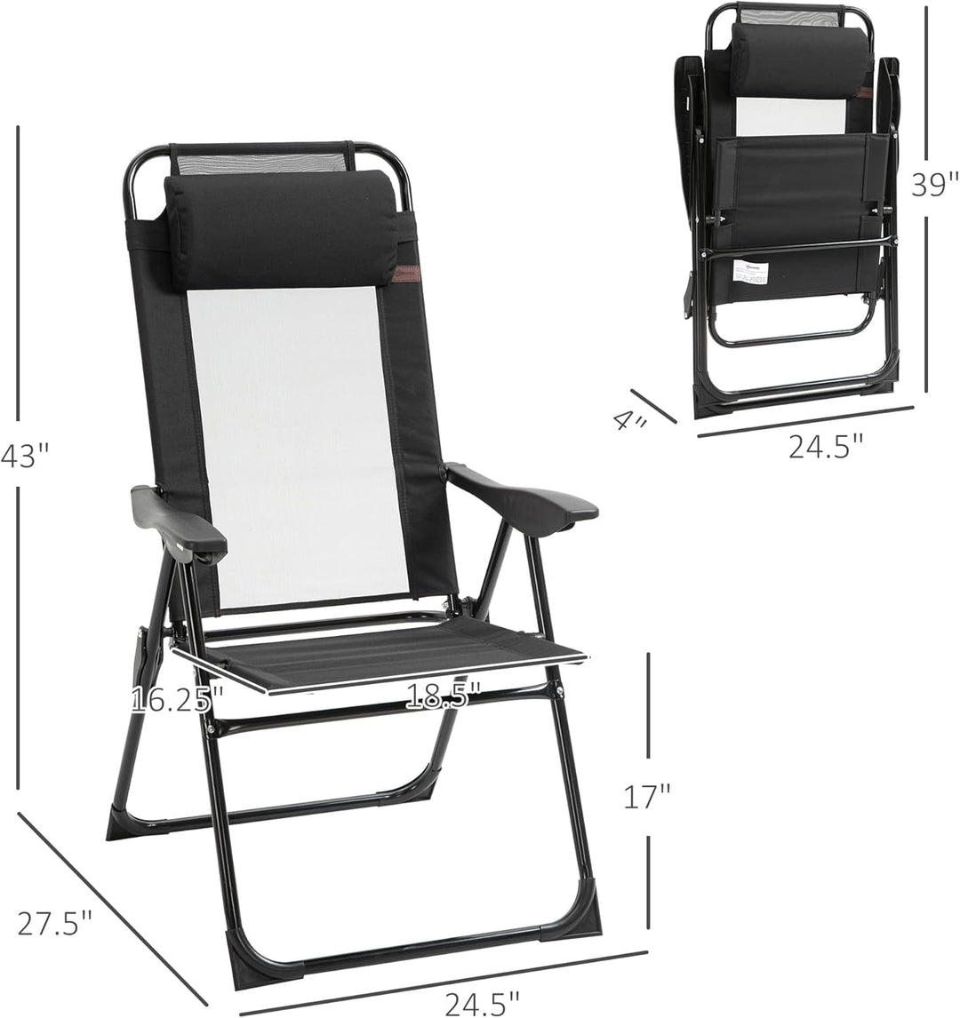 THTGCD Folding Patio Chairs Set of 2, Outdoor Deck Chair with Adjustable Sling Back, Camping Chair with Removable Headrest for Garden, Backyard, Lawn, Black