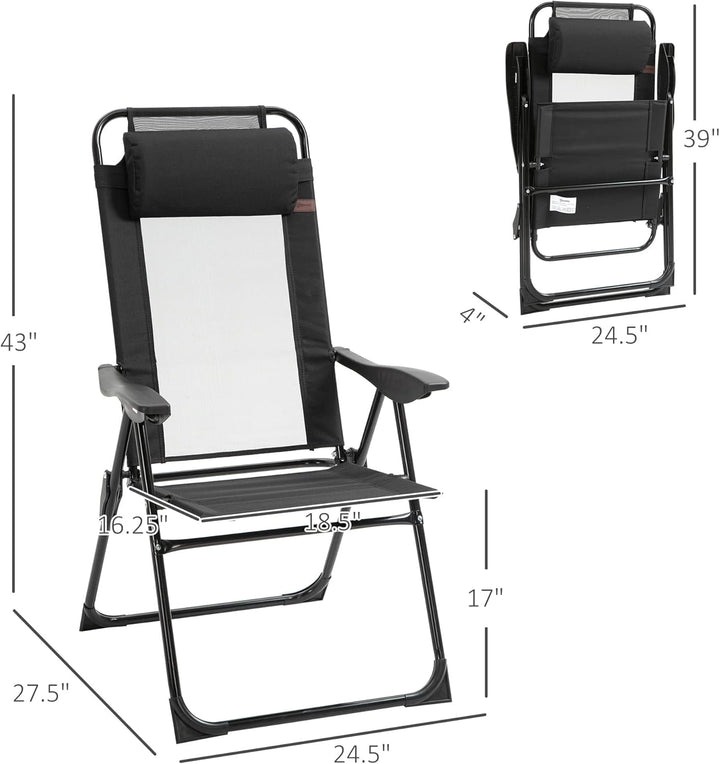 THTGCD Folding Patio Chairs Set of 2, Outdoor Deck Chair with Adjustable Sling Back, Camping Chair with Removable Headrest for Garden, Backyard, Lawn, Black