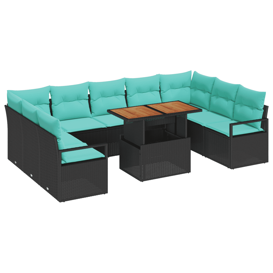 vidaXL 10 Piece Garden Sofa Set with Cushions Black Poly Rattan Acacia