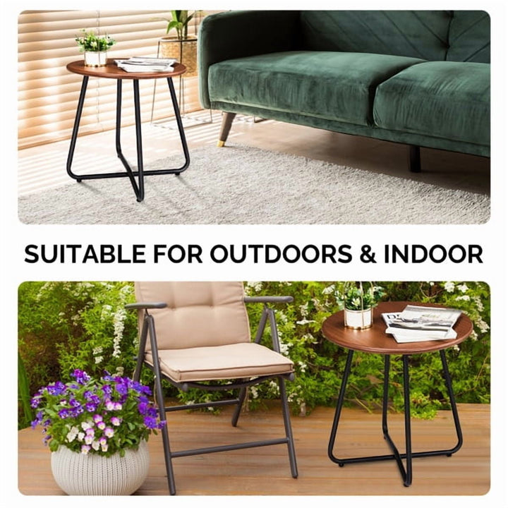 Round Adjustable Side Table, 20" Imitation Wood Top & Powder-Coated Steel Frame, Rust-Resistant Indoor/Outdoor End Table