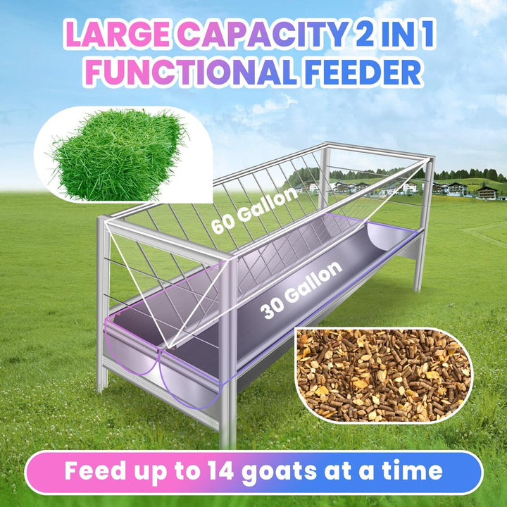 77 Gallon Rust Resistant Goat Hay Feeder, 2 in 1 Livestock Feeder , Goat Feeder for Sheep, Horses, Multi-Animal Use