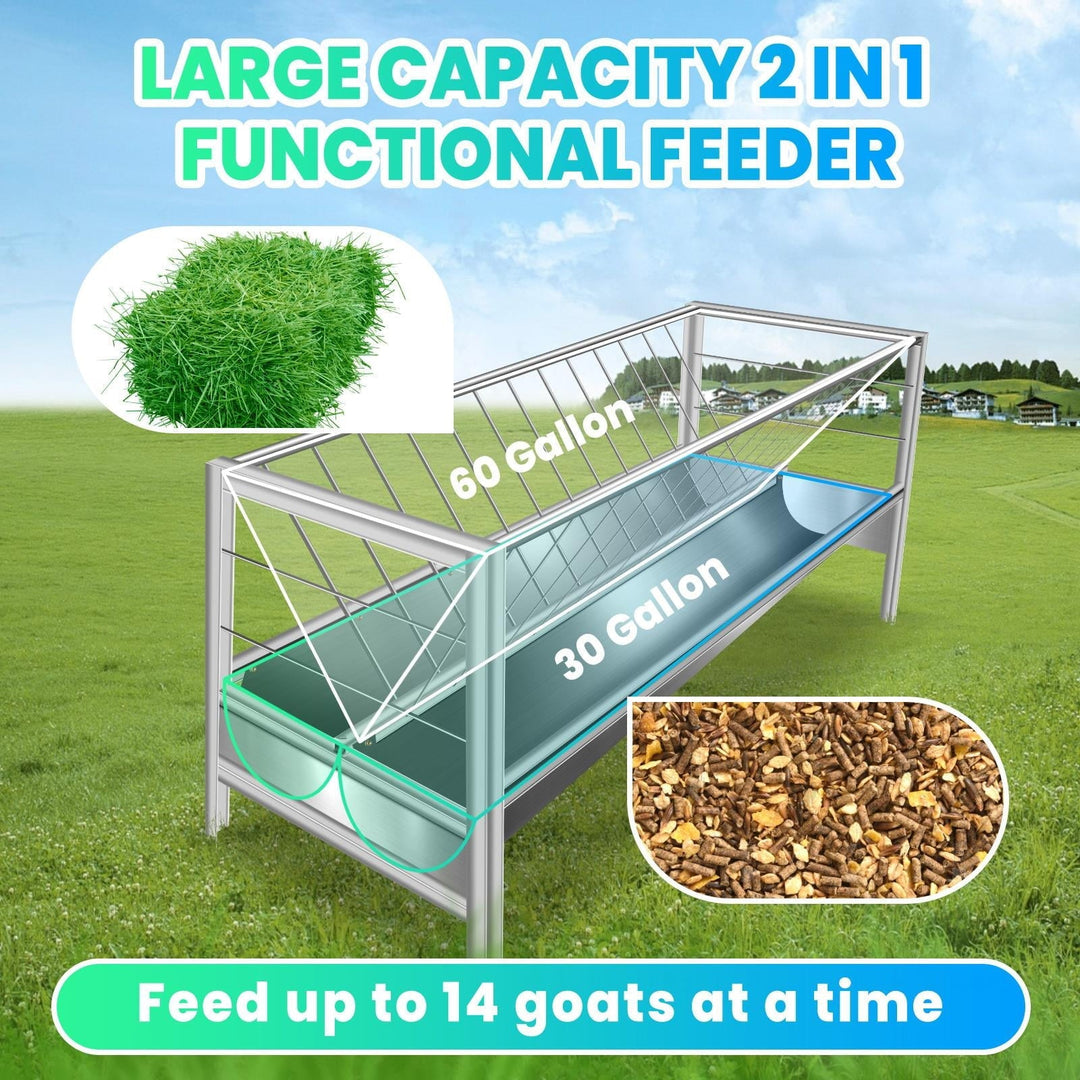 2-in-1 Livestock Feeder for Goats ,77 Gallon Goat Hay Feeder , Stainless Steel Goat Feeder for Sheep, Horses - Rust-Resistant & Large Capacity