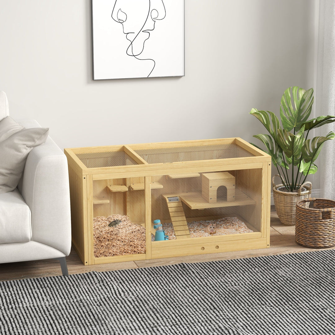 CoSoTower Wooden Hamster Cage, Extra Large Gerbil Cage, Multi-Layer Small Animal Cage for Dwarf Hamster, Activity Center with Pull-Out Tray, Seesaws, Water Bottle, Ladder, Openable Top