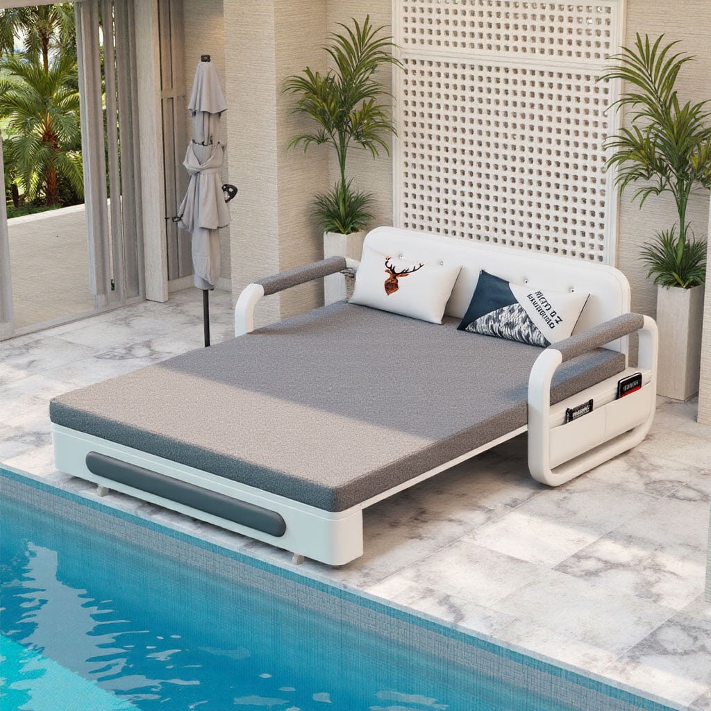 NessCarsti Outdoor Sofa Daybed with Pull-Out Trundle, Convertible Sleeper Couch for Patio or Balcony, 34.6" D x 62.2" W x 34.2" H, Gray/White